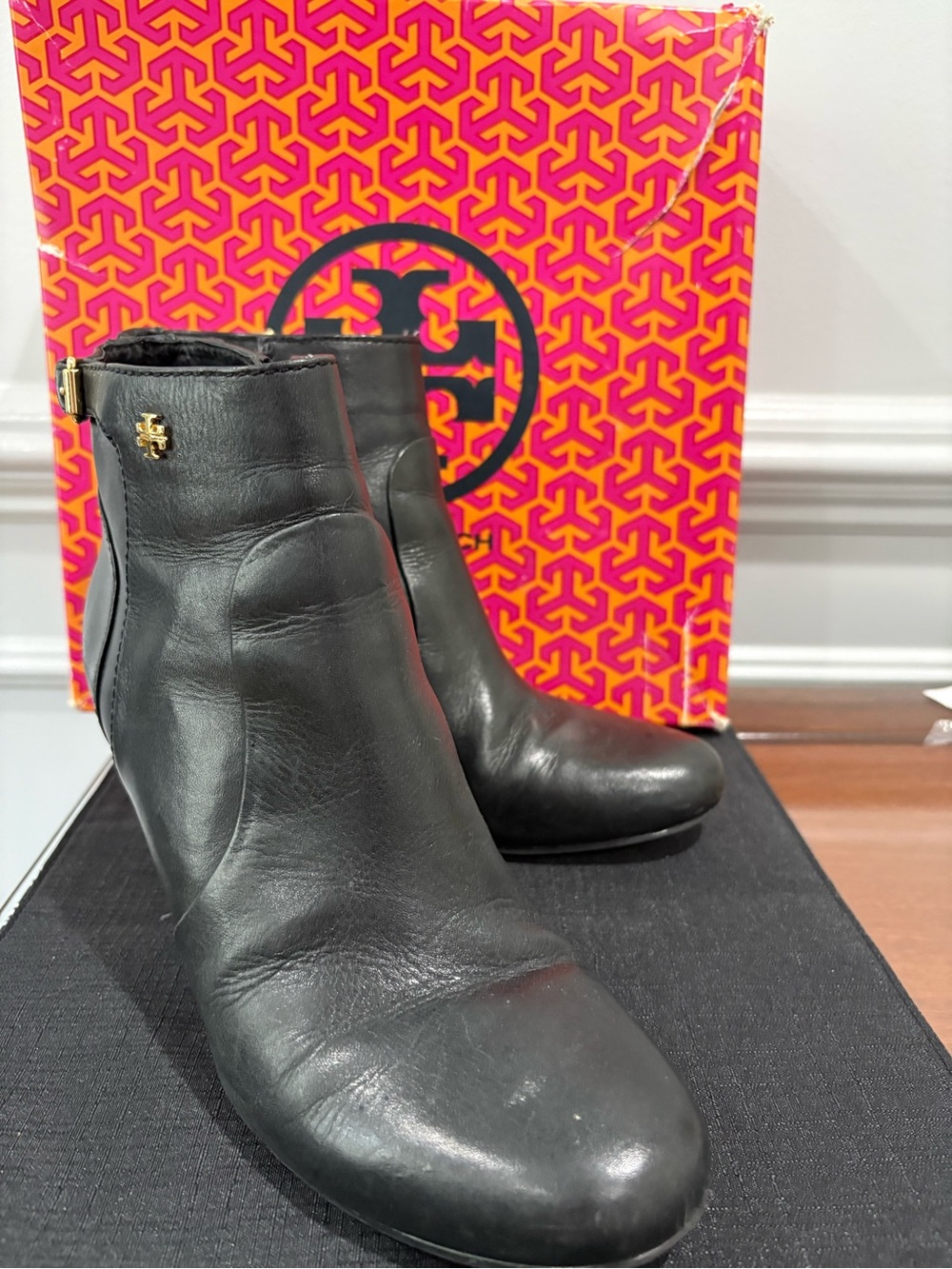Tory Burch Black Leather Gold-Logo Ankle Booties